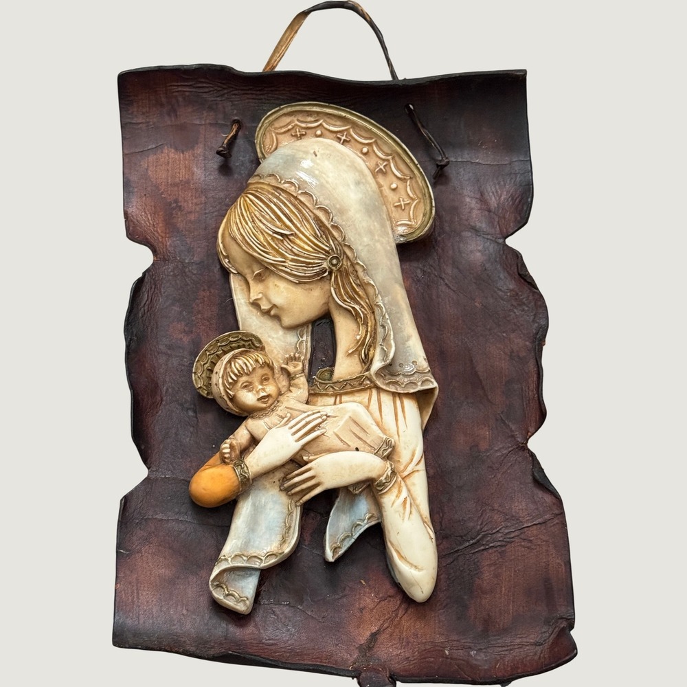 Vintage Madonna and Child Leather Wall Plaque Relief Sculpture Brevettato Italy